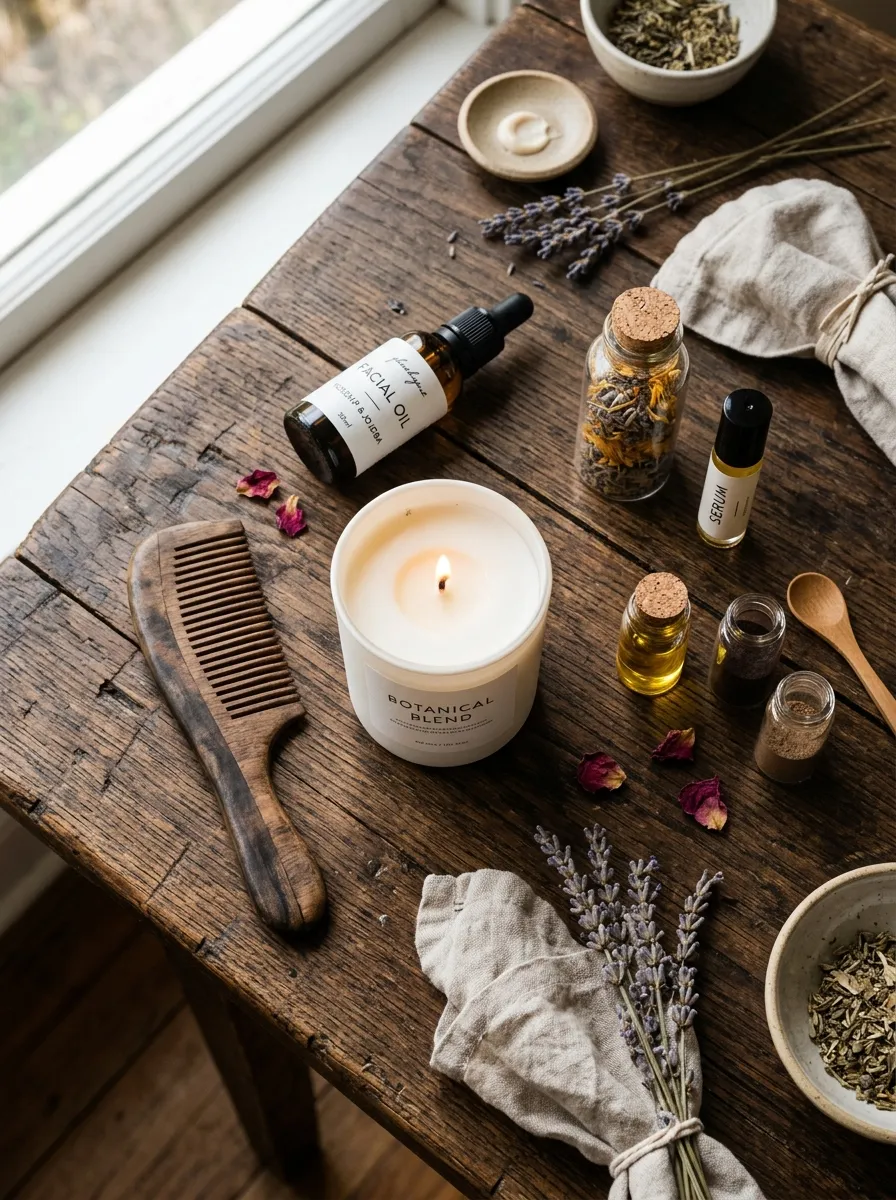 Mesa de madera con cosmética natural